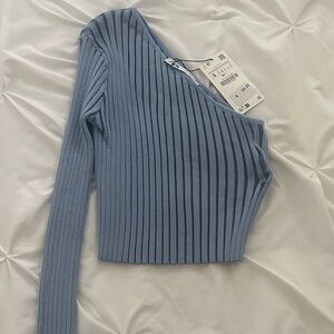 Zara Light Blue Ribbed One-Shoulder Long Sleeve Top